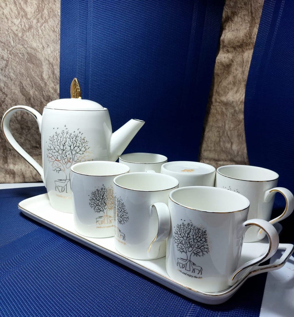 Elegant Porcelain Tea Set with Tree and Deer Design - 6 Cups, Teapot & Tray