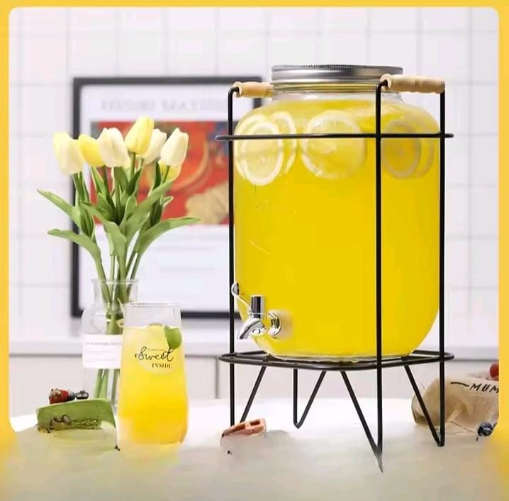 Glass Beverage Dispenser with Metal Stand and Wooden Handle