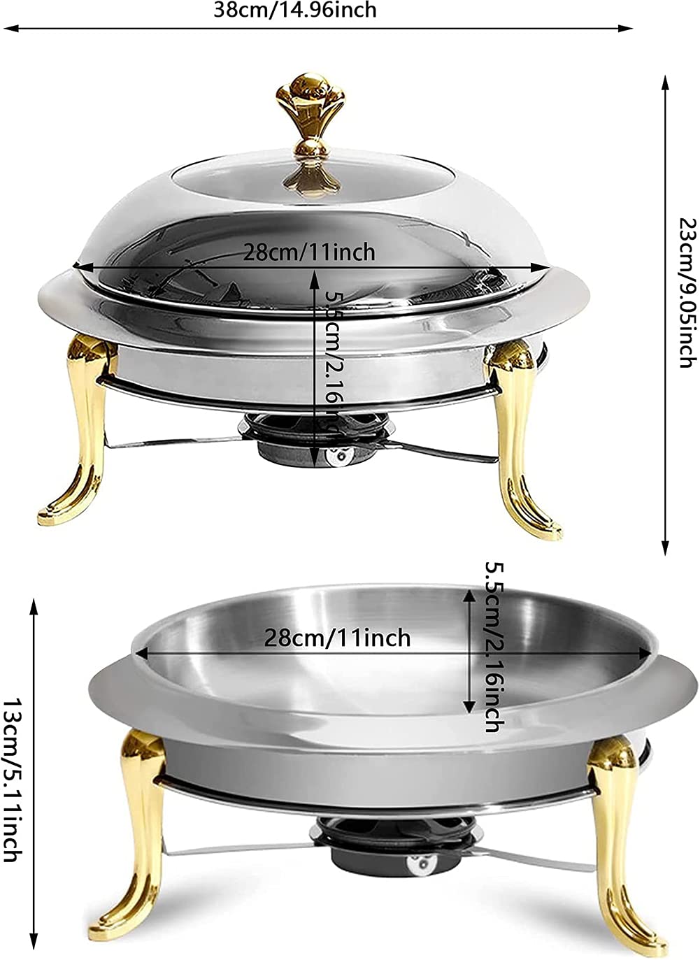 28cm Stainless Steel Golden Furnace Chafing Dish Food Warmer