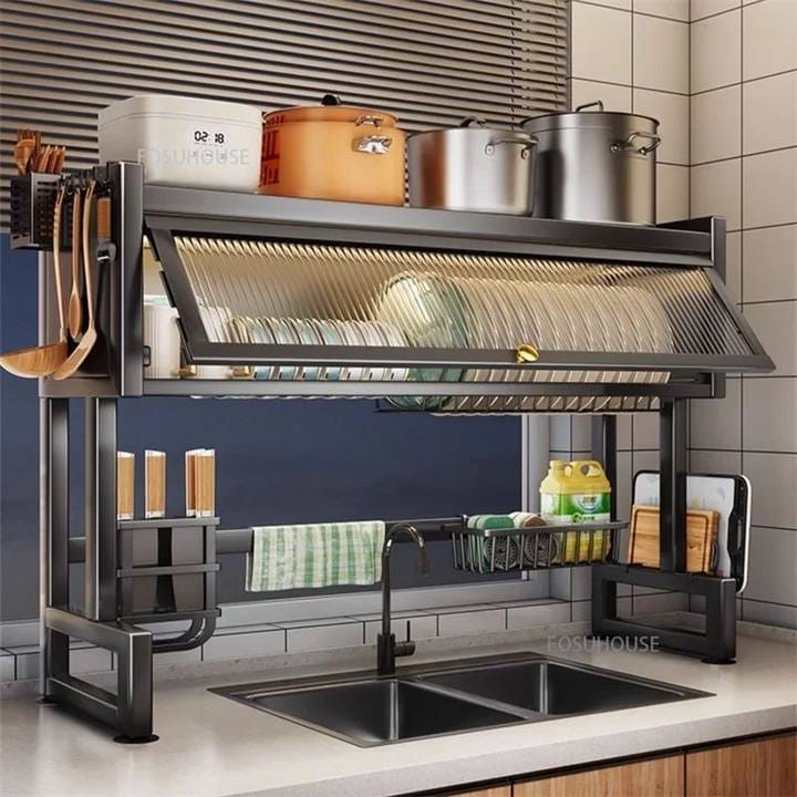 Over-the-Sink Dish Drying Rack with Utensil Holder and Storage Baskets