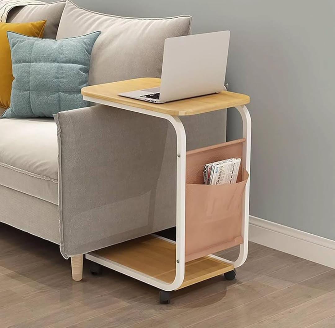Mobile C-Shaped Side Table with Storage Shelf and Wheels