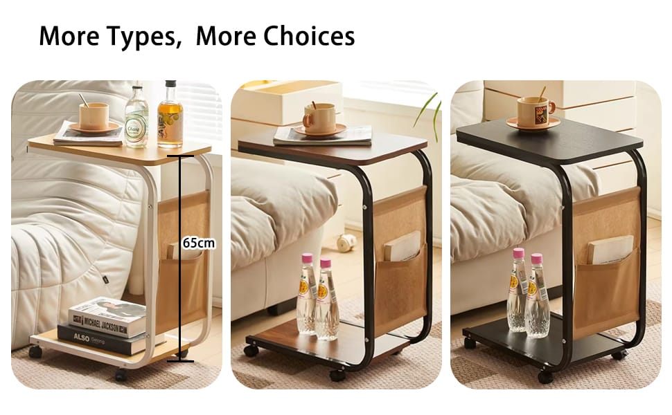 Mobile C-Shaped Side Table with Storage Shelf and Wheels