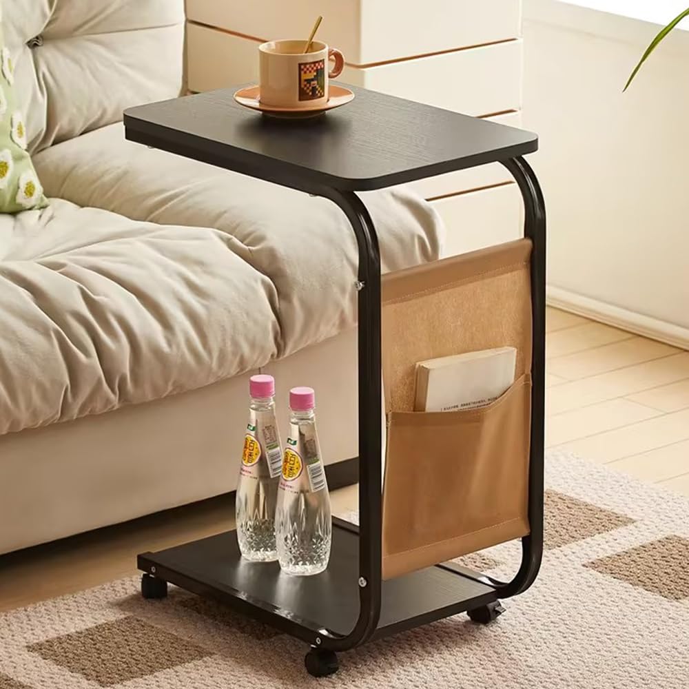 Mobile C-Shaped Side Table with Storage Shelf and Wheels