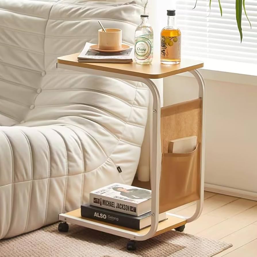 Mobile C-Shaped Side Table with Storage Shelf and Wheels