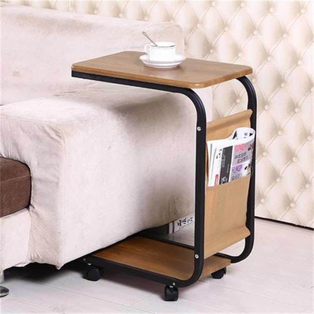 Mobile C-Shaped Side Table with Storage Shelf and Wheels