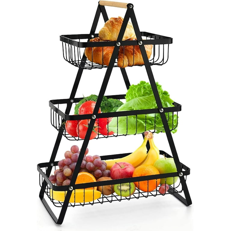 3-Tier Fruit Basket Stand with Wooden Handle