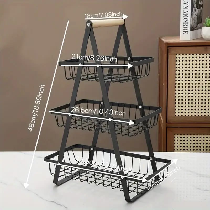3-Tier Fruit Basket Stand with Wooden Handle