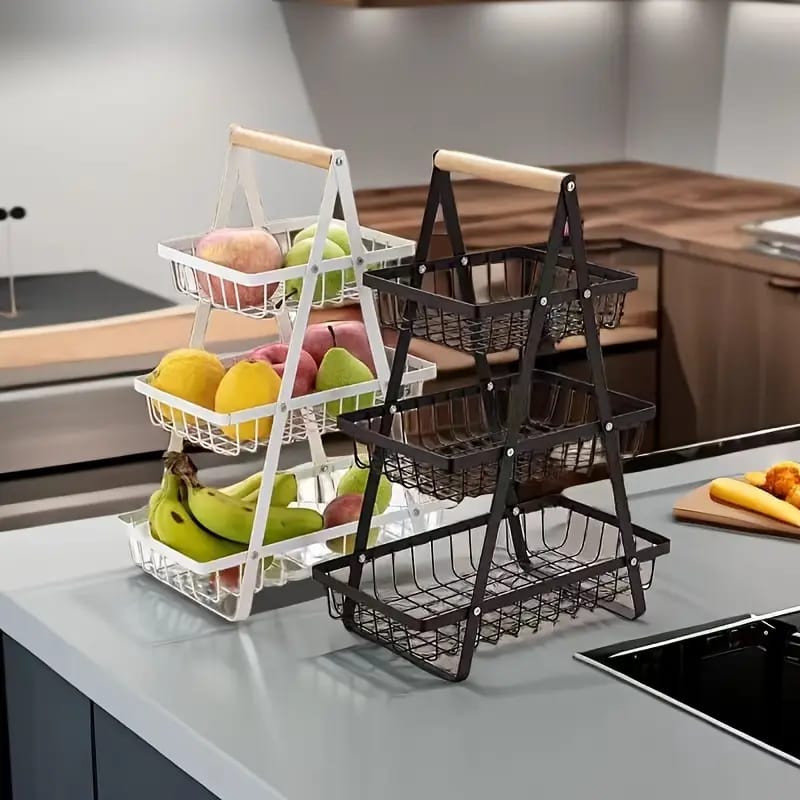 3-Tier Fruit Basket Stand with Wooden Handle