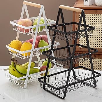 3-Tier Fruit Basket Stand with Wooden Handle