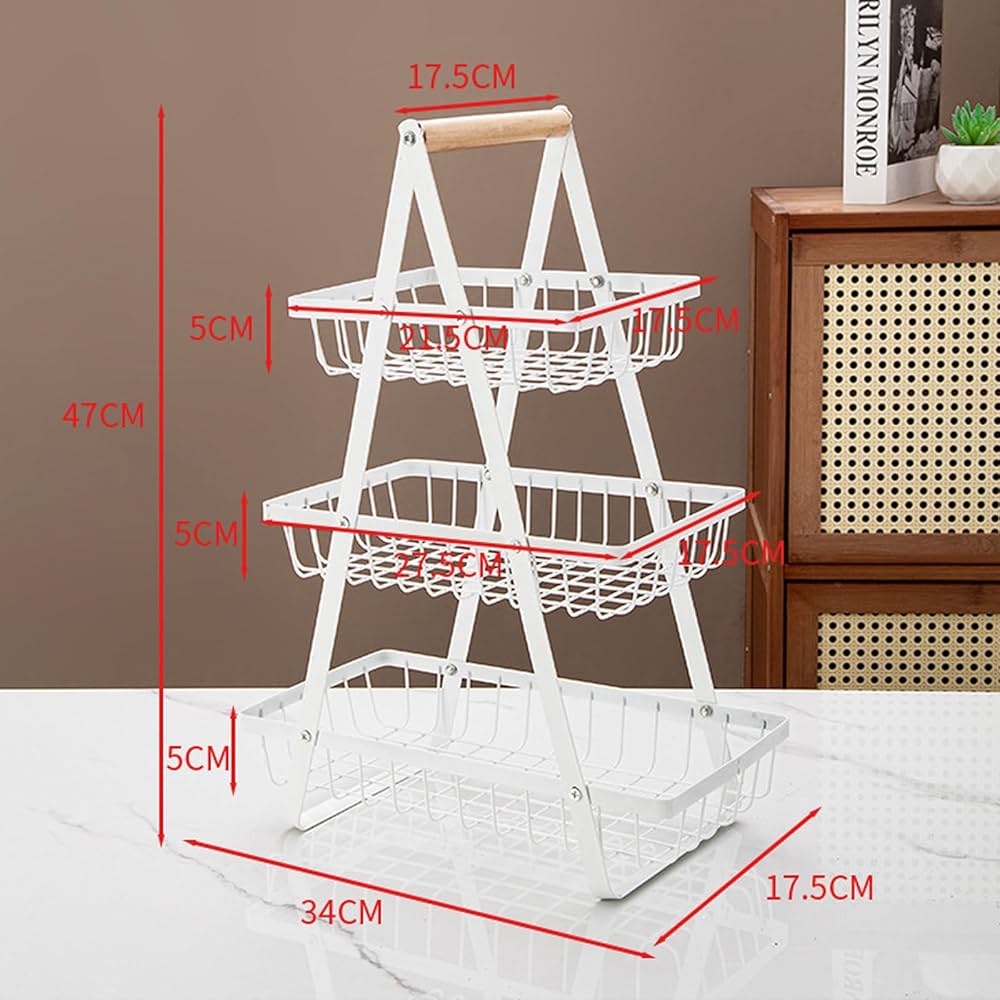 3-Tier Fruit Basket Stand with Wooden Handle