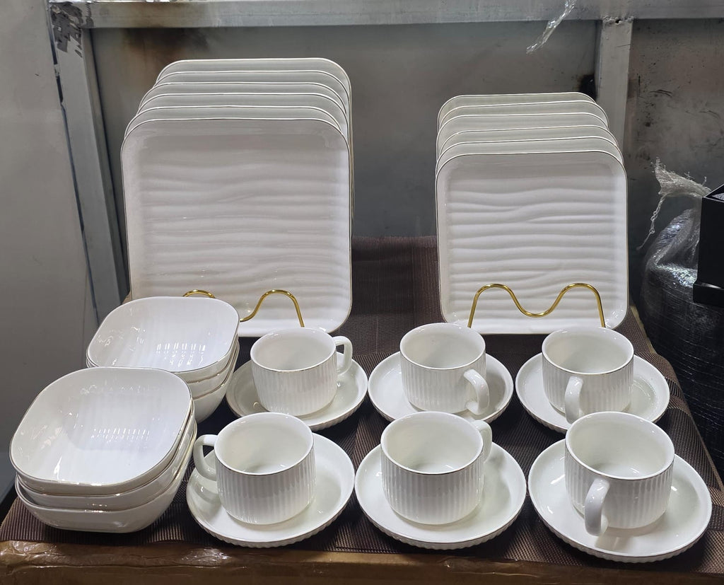 Elegant White square Porcelain Dinnerware Set with Gold Trim - Complete Service