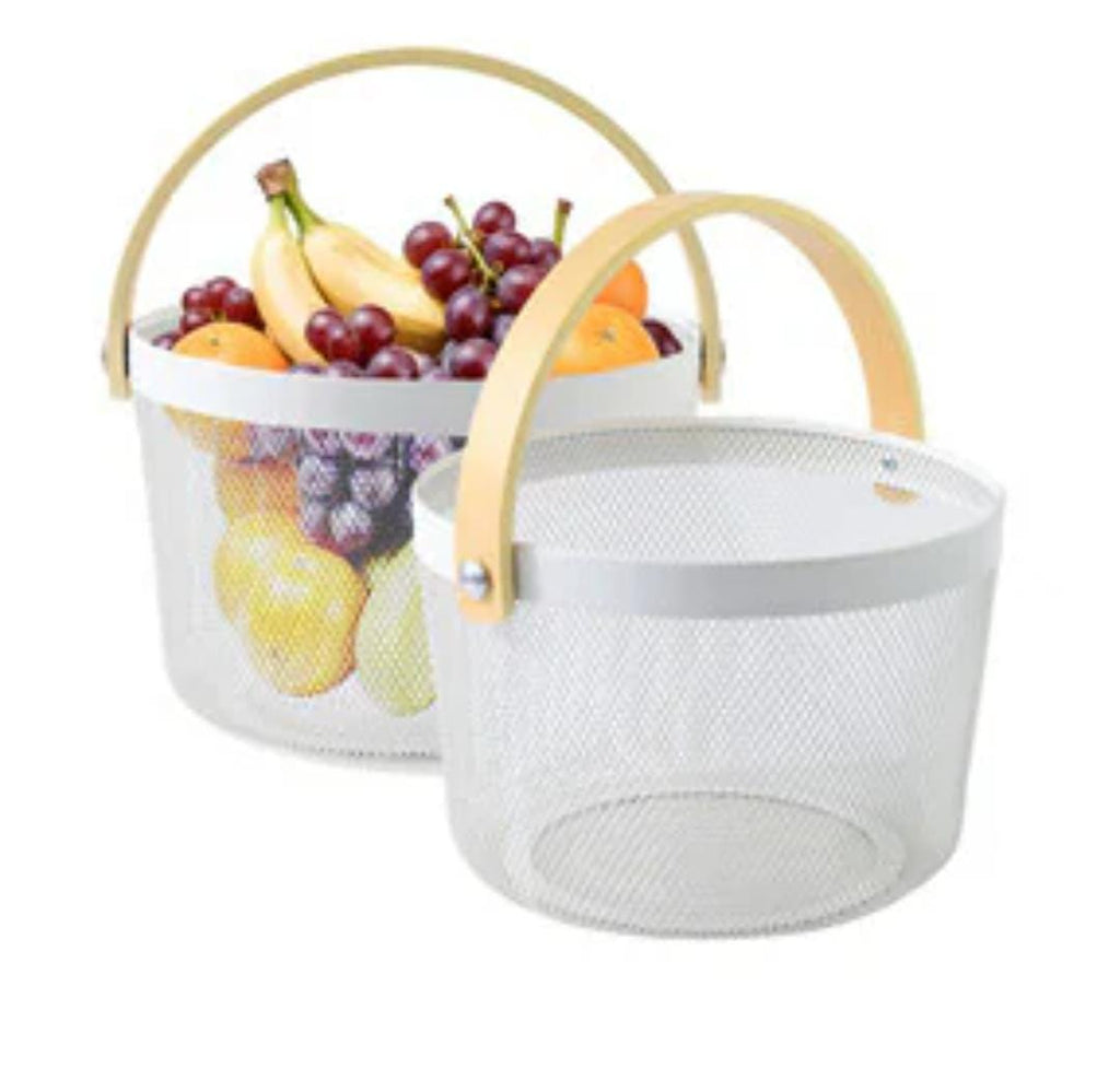 Wire Mesh Fruit Basket with Handle - Round Kitchen Storage Organizer