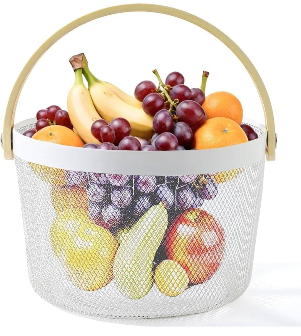 Wire Mesh Fruit Basket with Handle - Round Kitchen Storage Organizer