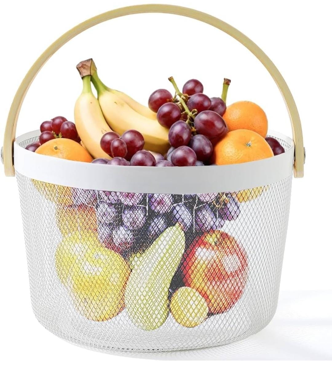 Wire Mesh Fruit Basket with Handle - Round Kitchen Storage Organizer