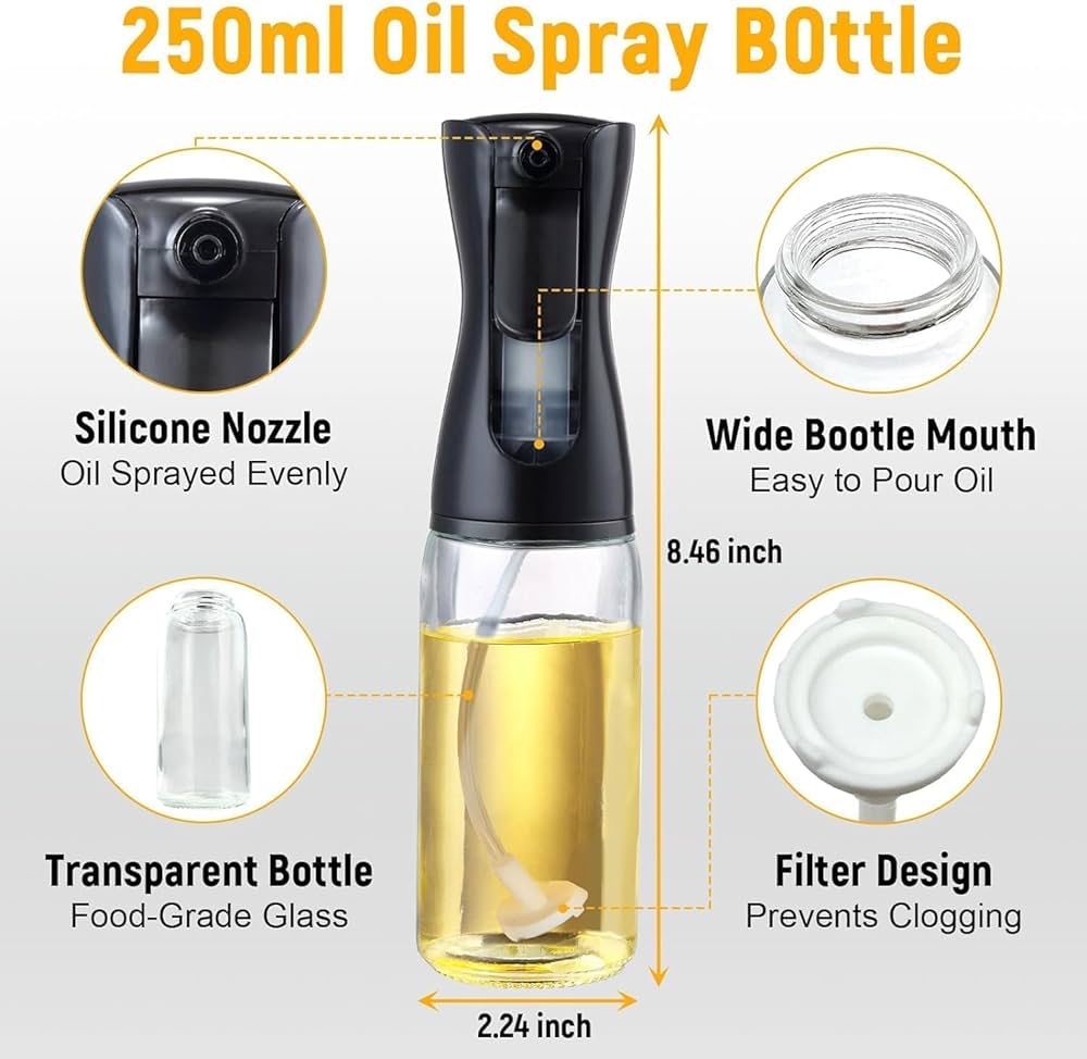 250ml Oil Spray Bottle for Cooking - Food Grade Glass with Ergonomic Trigger