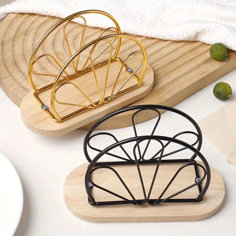 Decorative Shell Design Napkin Holder with Wooden Base - Gold & Black Available