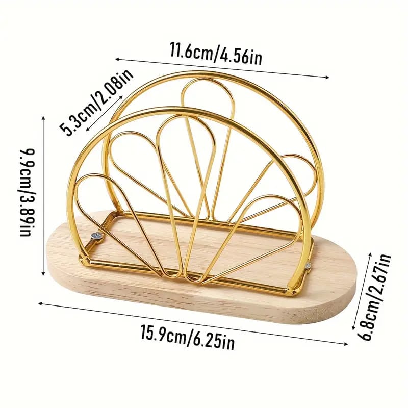 Decorative Shell Design Napkin Holder with Wooden Base - Gold & Black Available