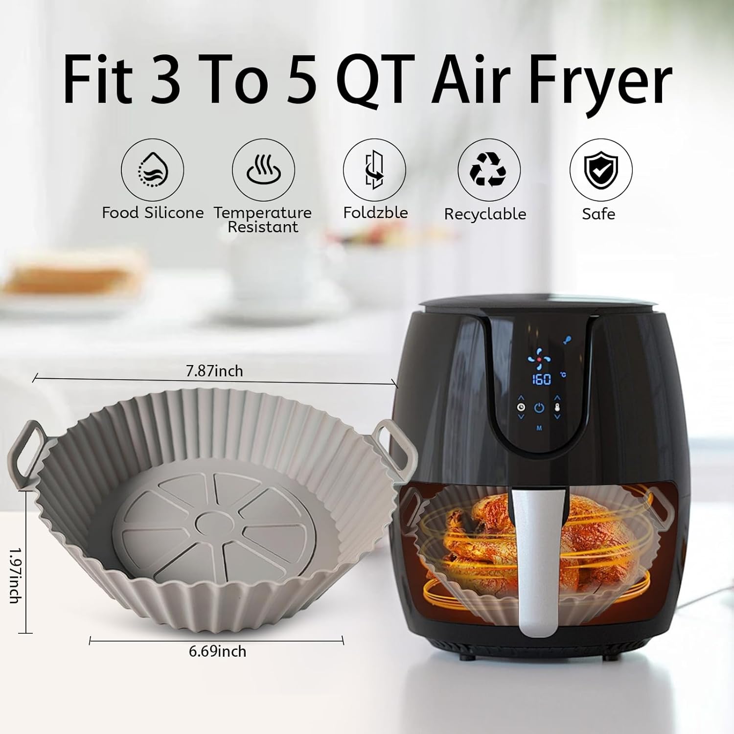 Silicone Air Fryer Liner - Reusable Non-Stick Basket with Handles