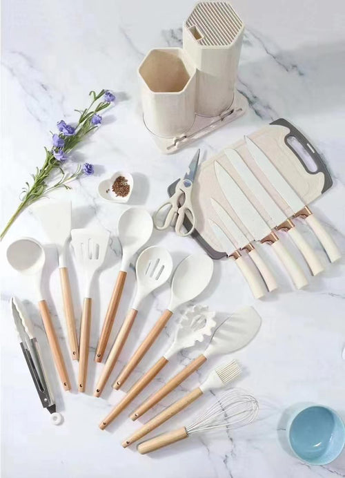 19-Piece Silicone Kitchen Utensil Set with Holder & Cutting Board