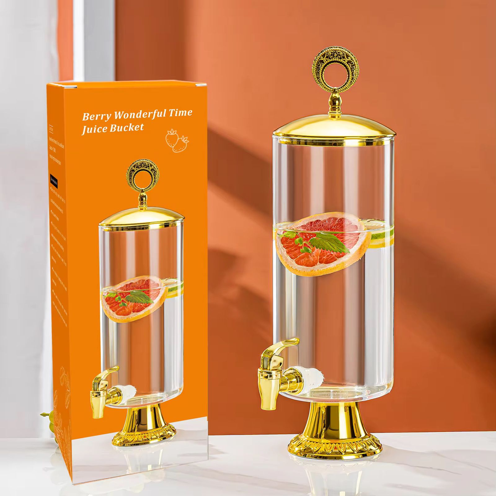 3.3L Glacier Berry Glass Juice & Drink Dispenser with Gold Metal Lid & Gold Base