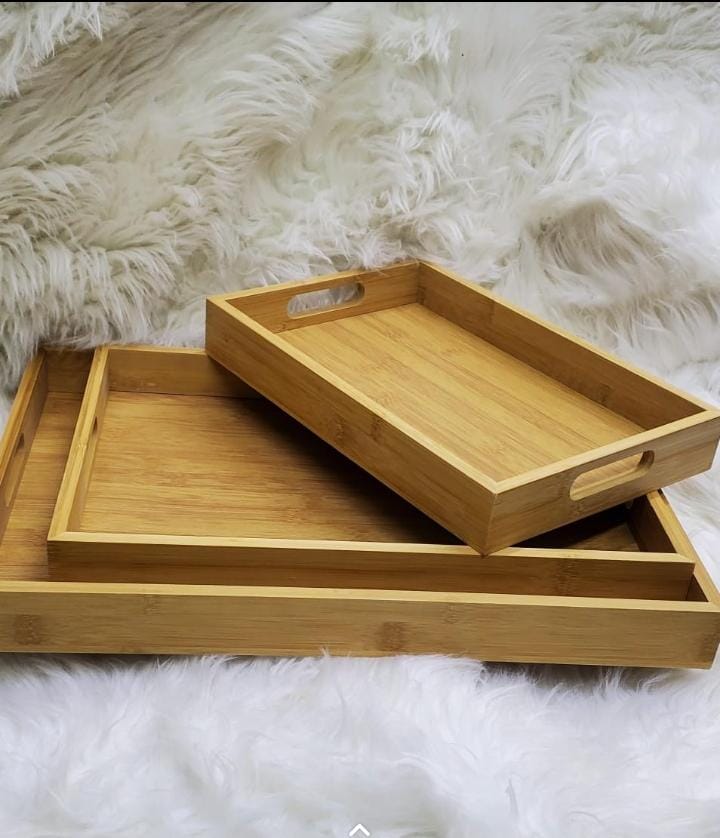 3-in-1 Bamboo Serving Tray Set with Gold Handles – 3 Pcs