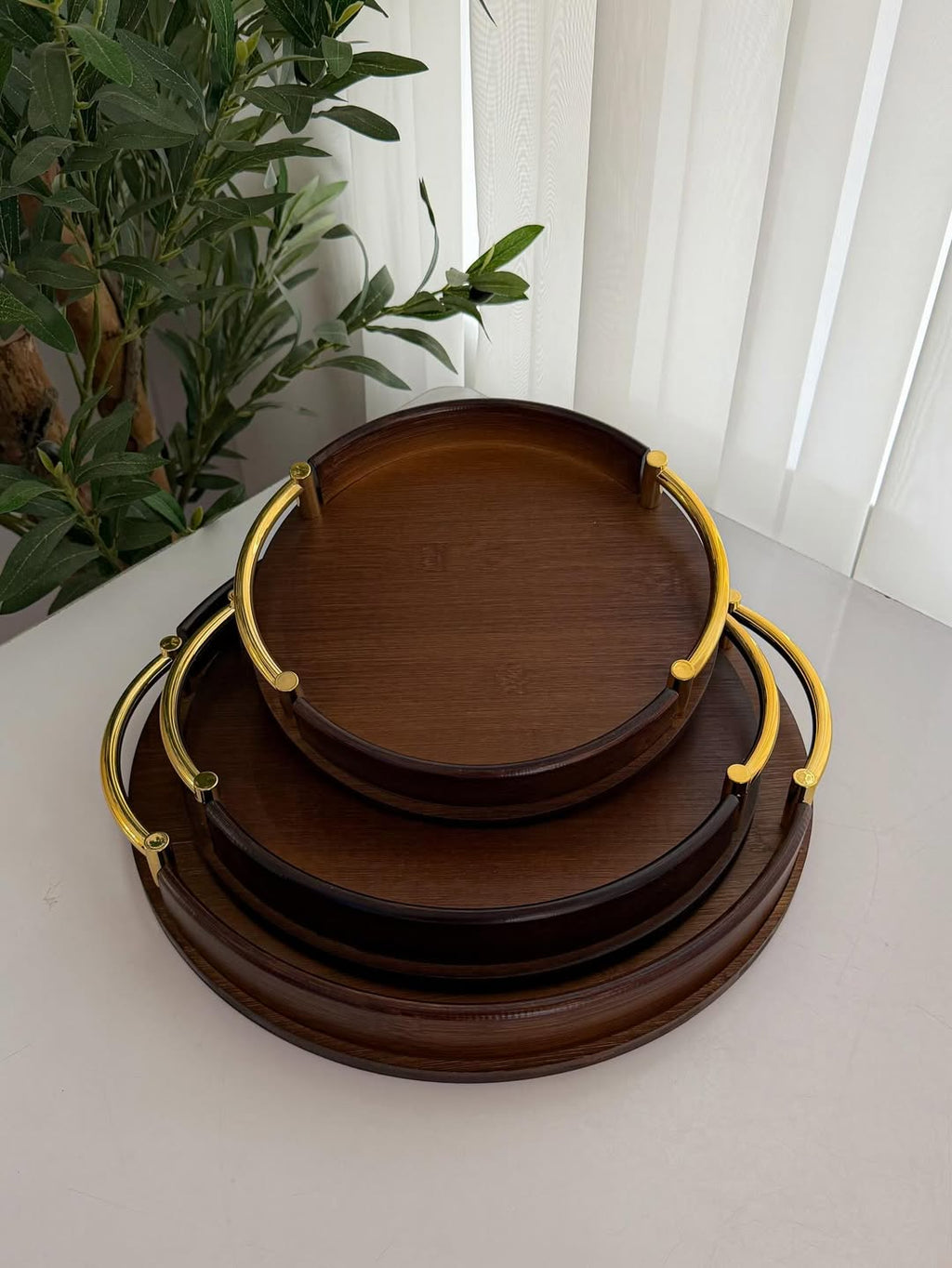 Round Bamboo Decorative Serving Tray with Gold Metal Handles