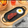29×17cm Thickened Rectangular Cast Iron Sizzling Grill Pan with Wooden Base