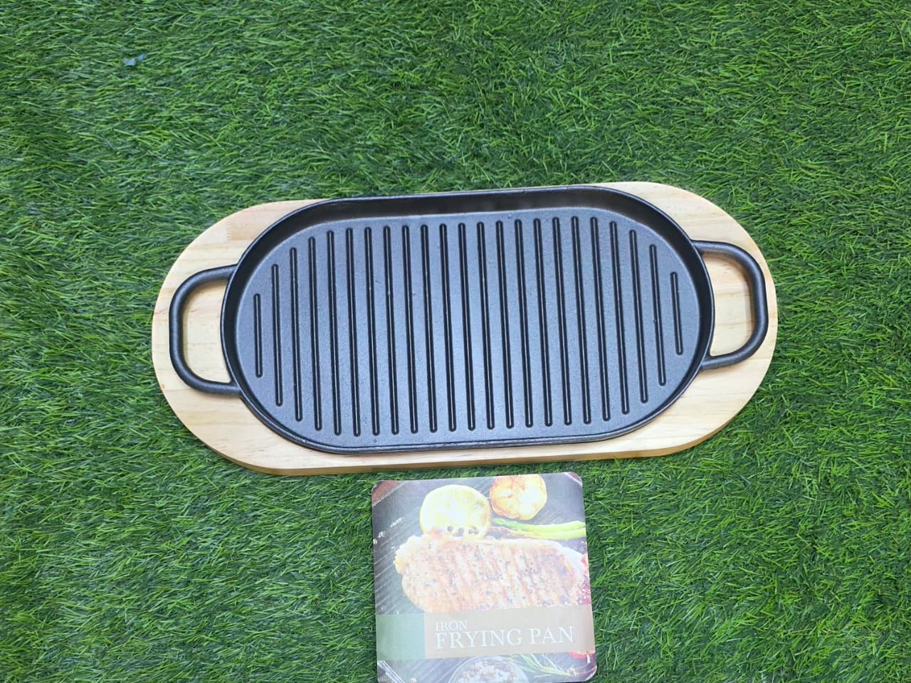 29×17cm Thickened Rectangular Cast Iron Sizzling Grill Pan with Wooden Base