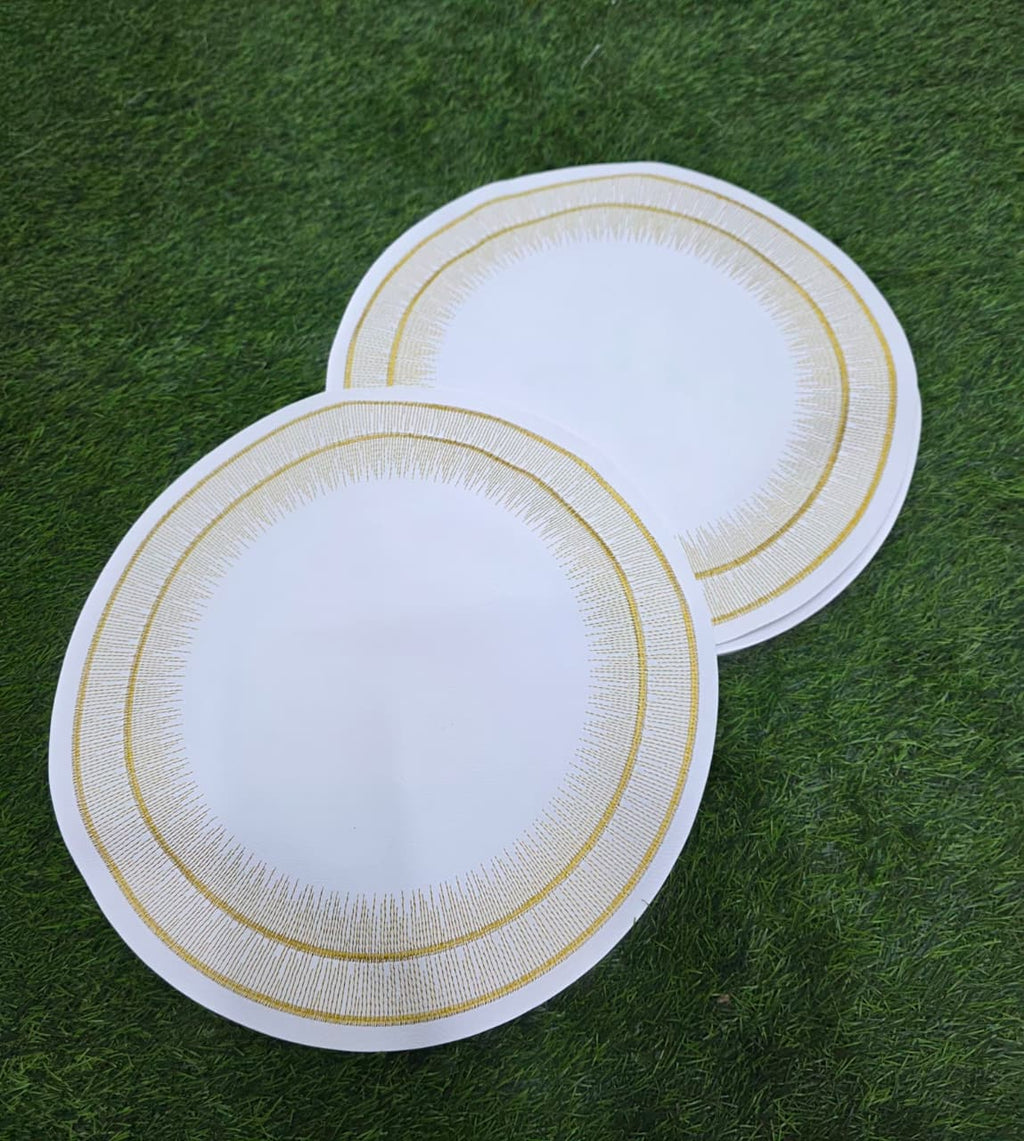 Luxury White & Gold Embroidered Round PVC Placemats – Set of 6