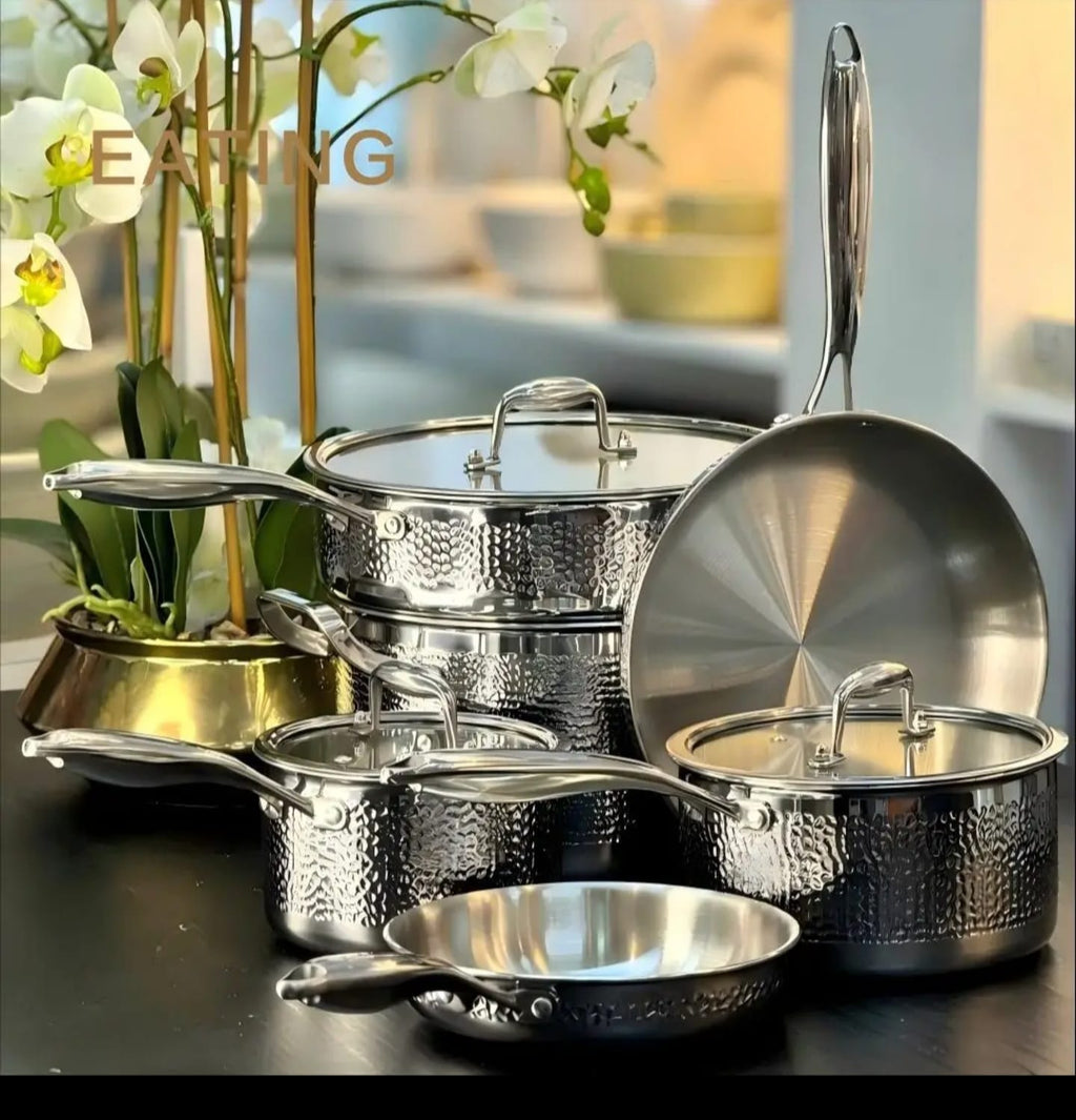 10PCS Premium Triply Hammered Stainless Steel Cookware Set | HoneyComb Pattern | All Cooktops
