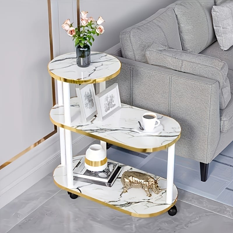 3-Layer Oval & Round Top Marble Trolley Rack Table – 60×30×67cm | Black or White Marble