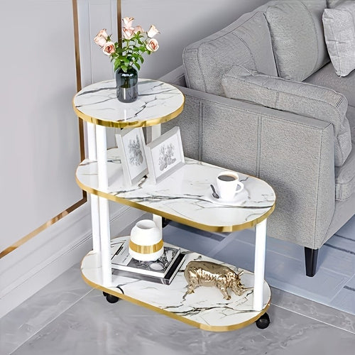 3-Layer Oval & Round Top Marble Trolley Rack Table – 60×30×67cm | Black or White Marble