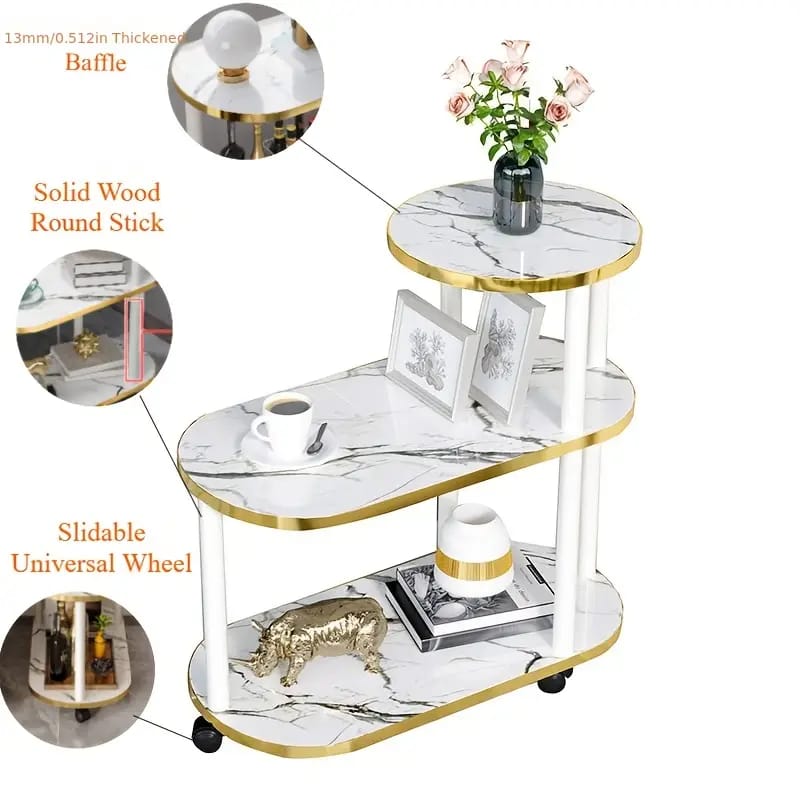 3-Layer Oval & Round Top Marble Trolley Rack Table – 60×30×67cm | Black or White Marble