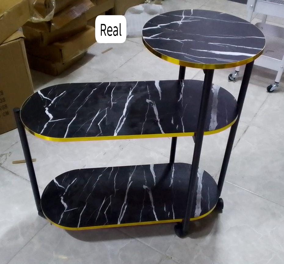 3-Layer Oval & Round Top Marble Trolley Rack Table – 60×30×67cm | Black or White Marble
