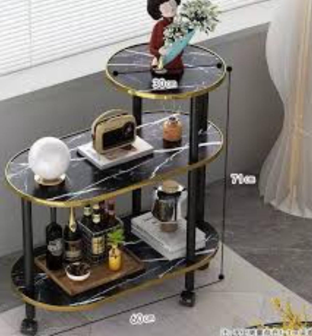 3-Layer Oval & Round Top Marble Trolley Rack Table – 60×30×67cm | Black or White Marble