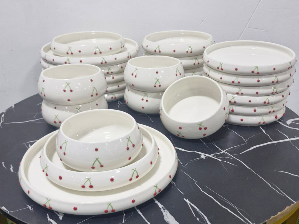24pcs Elegant White Cherry Print Ceramic Dinner Set