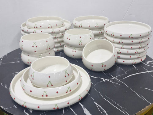24pcs Elegant White Cherry Print Ceramic Dinner Set