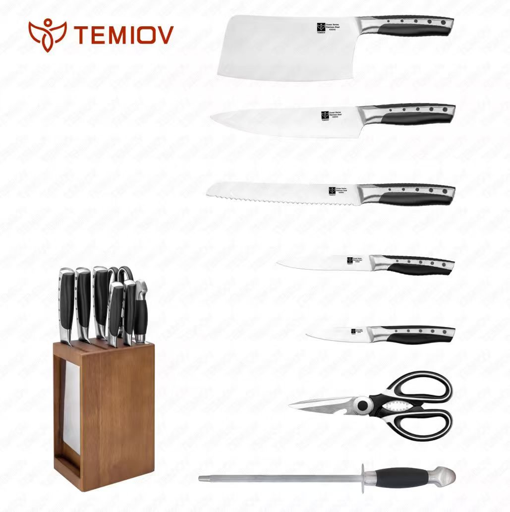 Temiov 8pcs Stainless Steel Kitchen Knife Set with Hollow Handle & Wood Block
