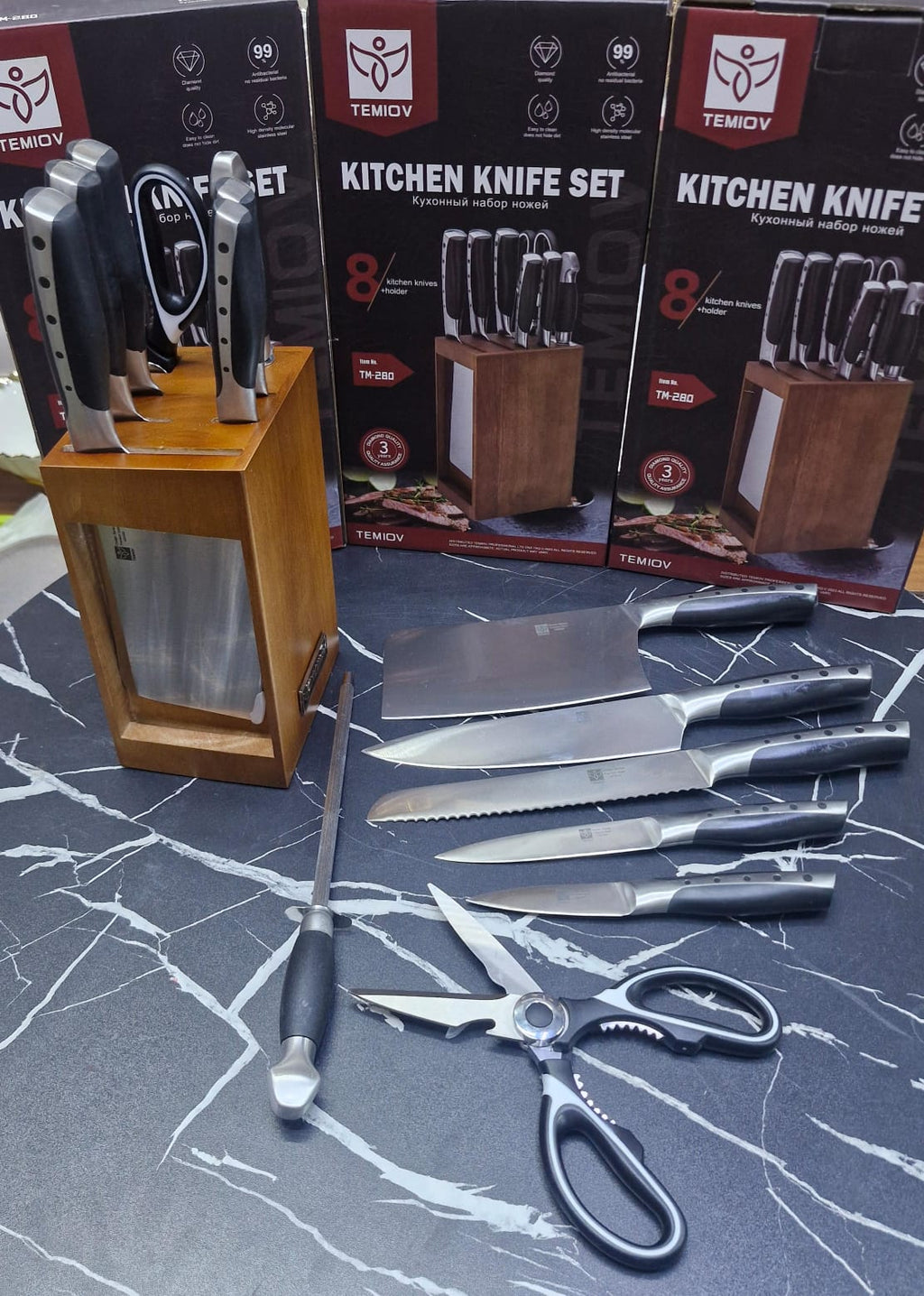 Temiov 8pcs Stainless Steel Kitchen Knife Set with Hollow Handle & Wood Block