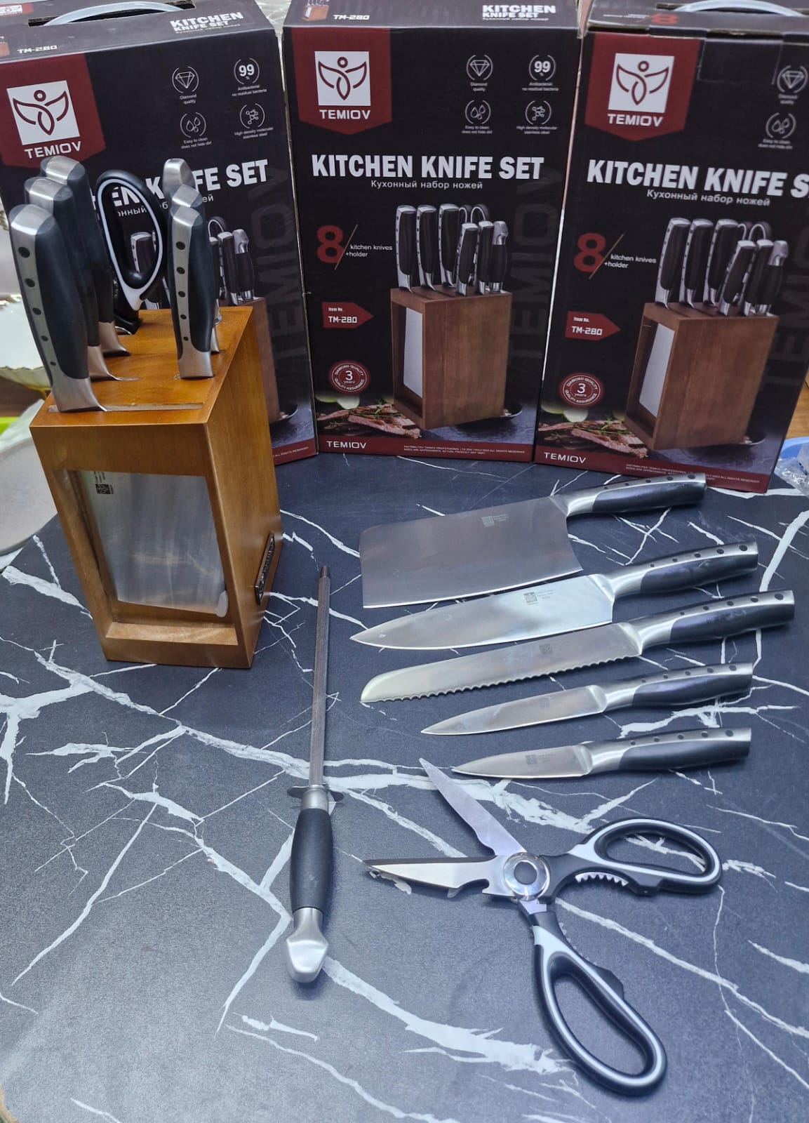 Temiov 8pcs Stainless Steel Kitchen Knife Set with Hollow Handle & Wood Block