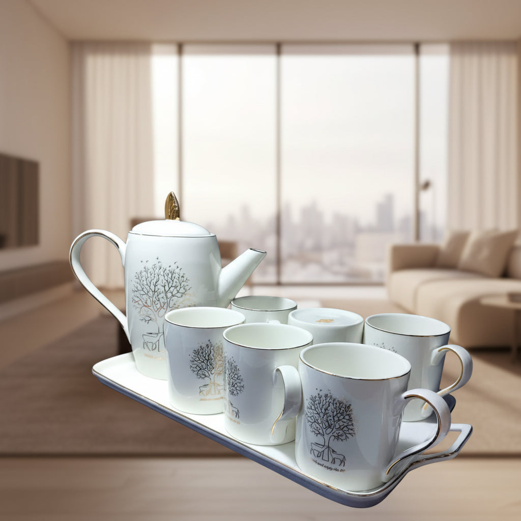 Elegant Porcelain Tea Set with Tree and Deer Design - 6 Cups, Teapot & Tray