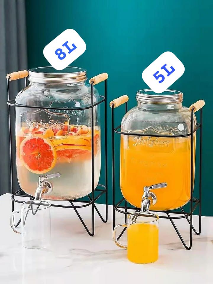 Glass Beverage Dispenser with Metal Stand and Wooden Handle