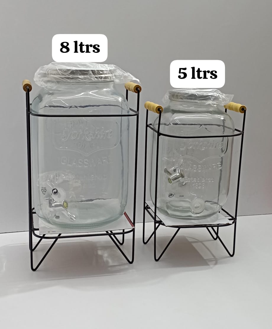 Glass Beverage Dispenser with Metal Stand and Wooden Handle