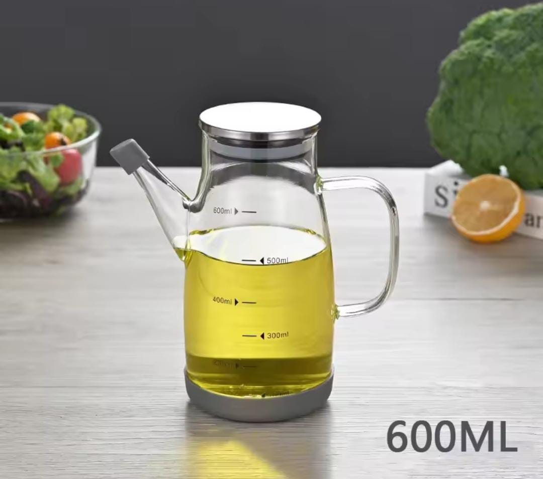 High Borosilicate Glass Oil Bottle - 600ml Oil Dispenser with Stainless Steel Lid