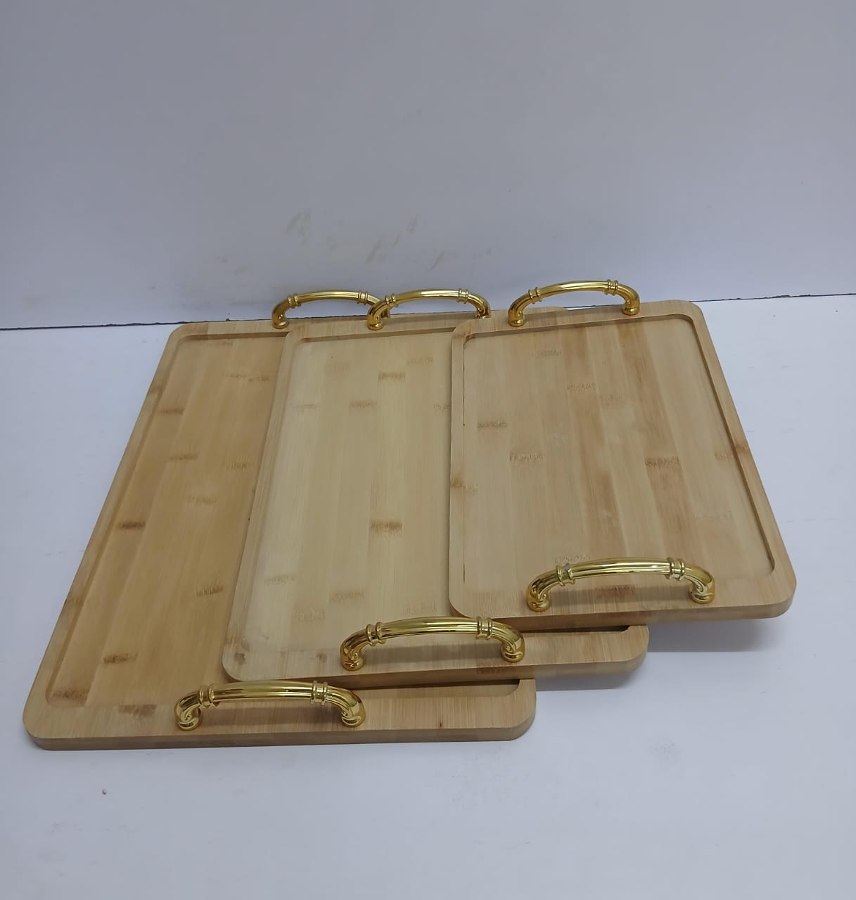 3-in-1 Bamboo Serving Tray Set with Gold Handles Natural Wood Rectangular Platters Eco-Friendly