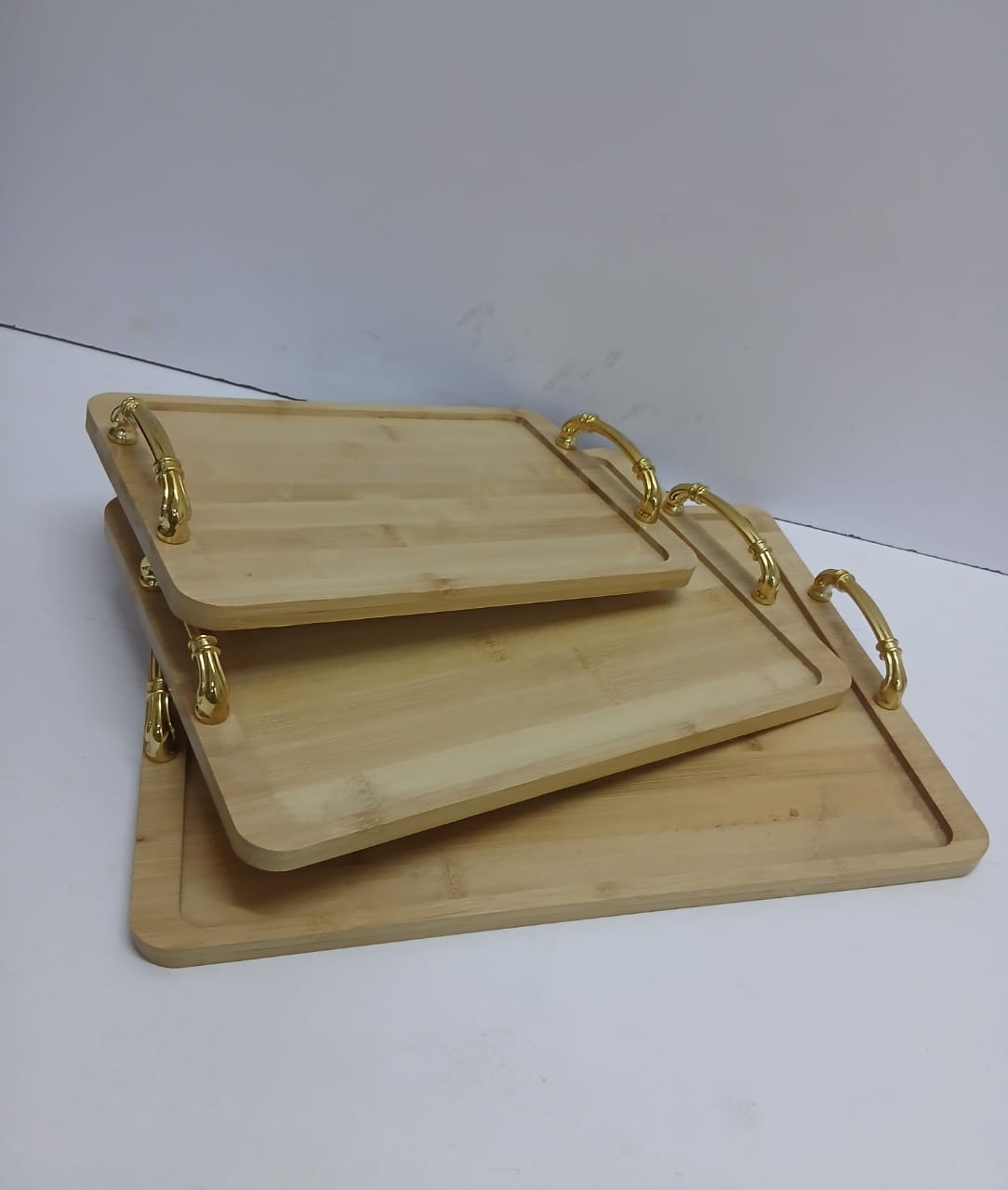 3-in-1 Bamboo Serving Tray Set with Gold Handles Natural Wood Rectangular Platters Eco-Friendly