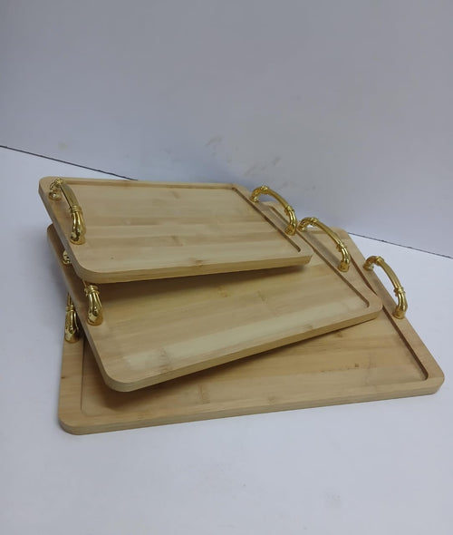 3-in-1 Bamboo Serving Tray Set with Gold Handles Natural Wood Rectangular Platters Eco-Friendly