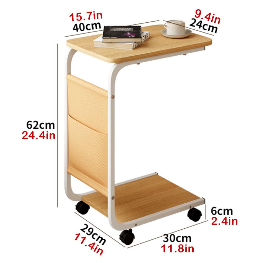 Mobile C-Shaped Side Table with Storage Shelf and Wheels