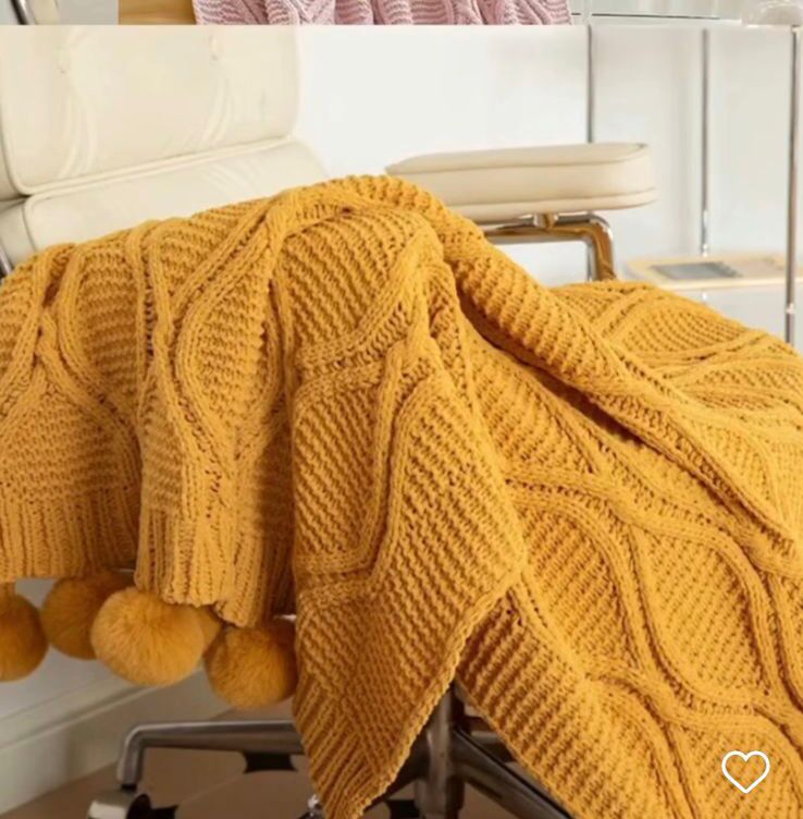 Nordic Throw Blanket Knitted Cable Knit with Pom Pom Fringe Soft Warm Cozy 127x172cm Sofa Bed Decor