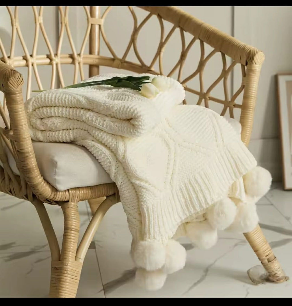 Nordic Throw Blanket Knitted Cable Knit with Pom Pom Fringe Soft Warm Cozy 127x172cm Sofa Bed Decor
